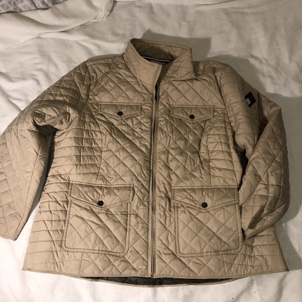 Tommy Hilfiger Jacket Women's 2XL Tan Full Zip Quilted Preppy Classic
